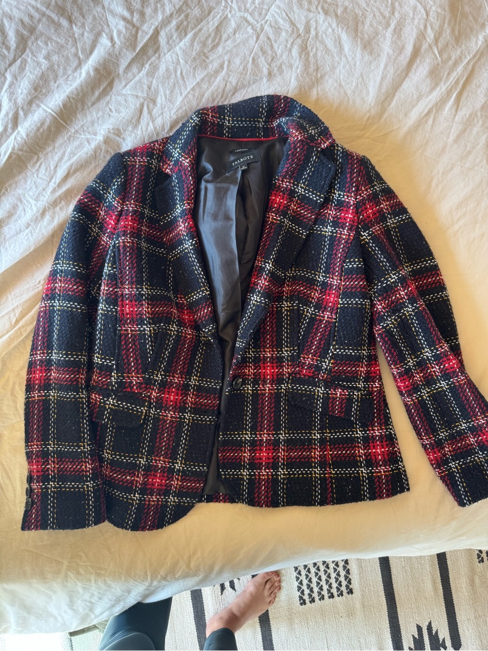 Talbots Aberdeen Plaid Tweed Blazer Size 12 Navy Red Tartan Lined Two Button